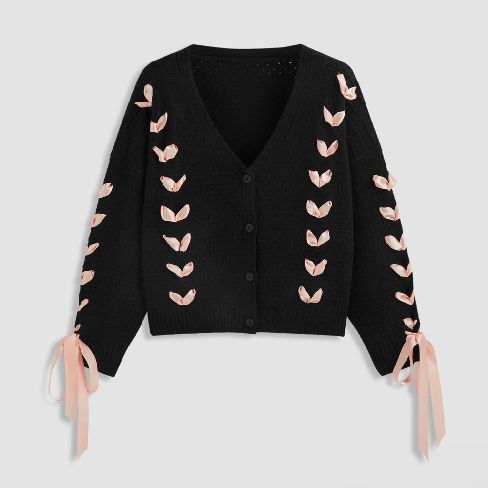 Cider Black Coquette Pink Bow Cardigan